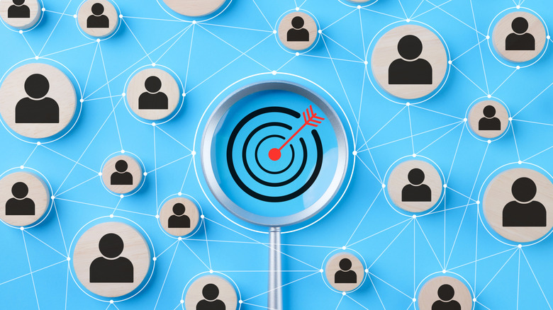 Graphic illustration of customer profiles connected to a target, representing customer relationship management and targeted marketing strategies.