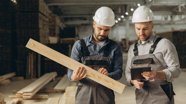 Two builders wearing hard hats are examining a wooden plank