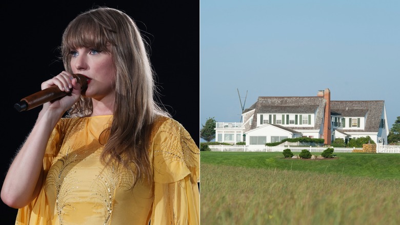 A split image of Taylor Swift singing into a microphone, and a Cape Cod property on a sunny day