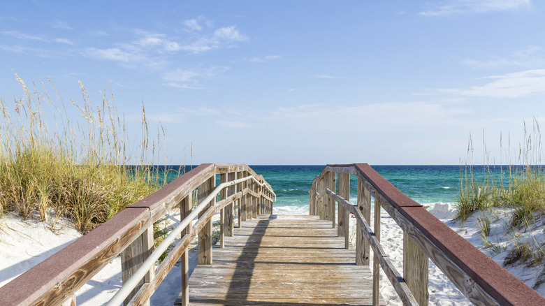 boardwalk over sand dunes with ocean waves