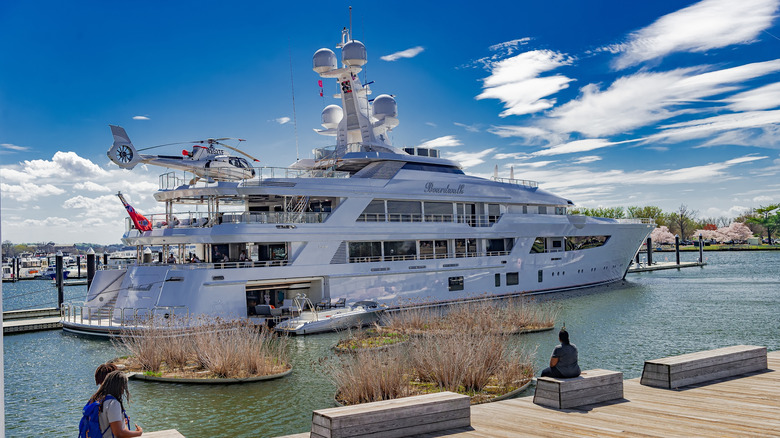 superyacht with helicopter in harbor at Capital Yacht Club in Washington, DC.