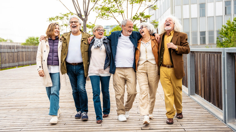 Happy, laughing group of senior people walking outdoors together.