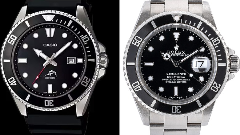 Casio Duro MDV106 on left and Rolex Submariner on right