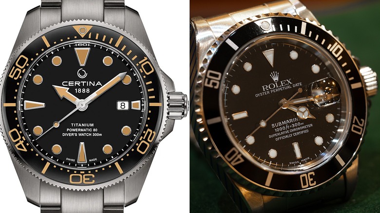 Certina DS Action Diver with gold accents on left and Rolex Submariner with gold accents on right