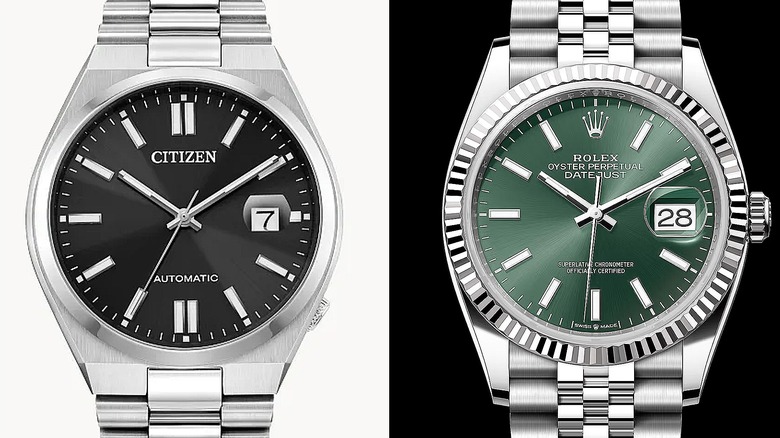 Citizen Tsuyosa Automatic on left and Rolex Datejust with green dial on right