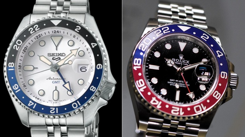 Seiko 5 Sports SSK033 on left and Rolex GMT Master II on right