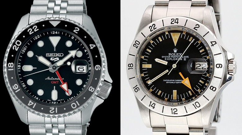 Seiko 5 SSK001 with black and blue bezel on left and Rolex Explorer II with yellow dial accents on right