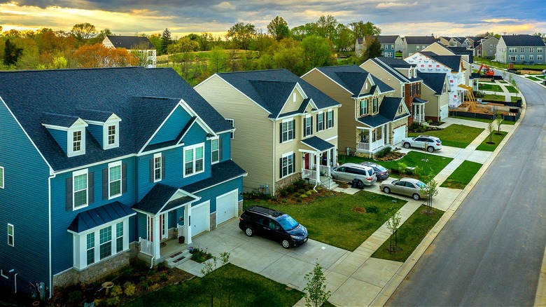 Block of houses at sunset