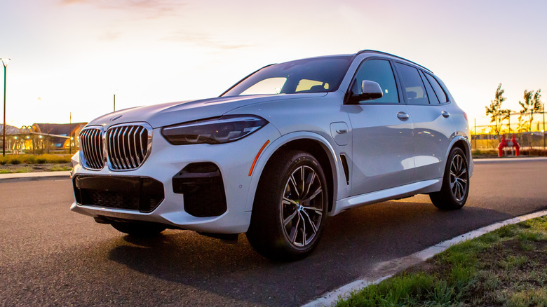 A white BMW X5 Plug-In Hybrid driving through a park near sunset.