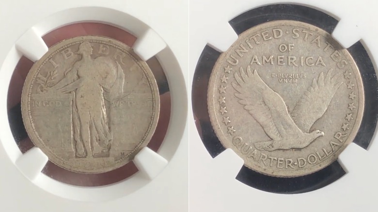 The obverse and reverse sides of a worn 1916 Standing Liberty Type 1 quarter