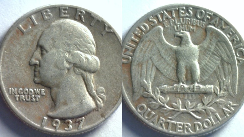 The obverse and reverse sides of a 1937 double-die obverse Washington quarter