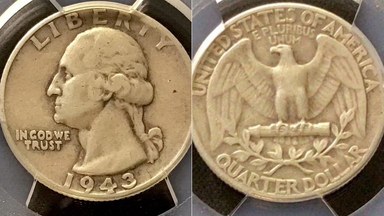 The obverse and reverse sides of a 1943 double-die obverse Washington quarter