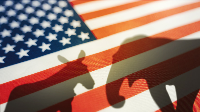 A donkey and elephant shadow over a U.S. flag