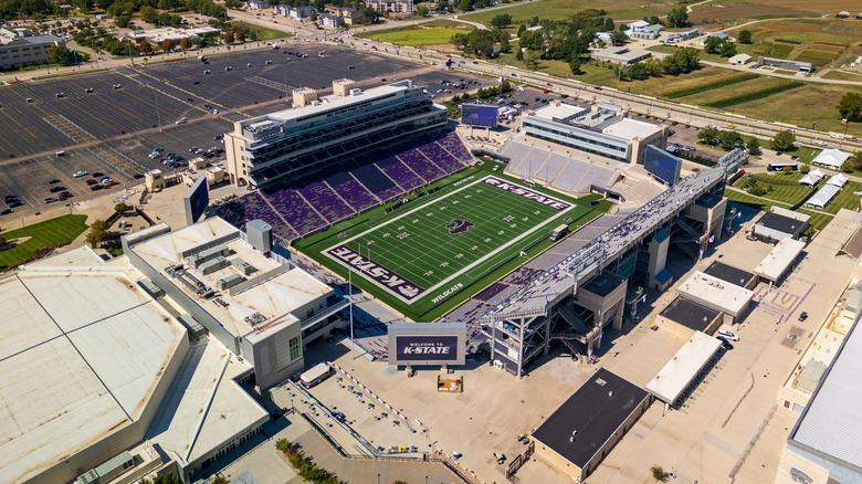 Aerial shot of stadium at Kansas State University campus
