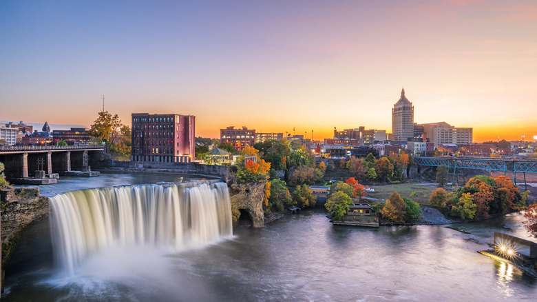Rochester, New York downtown skyline and waterfall at dusk