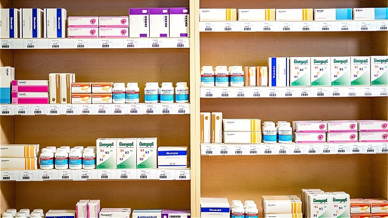 Medicine bottles/boxes on shelves