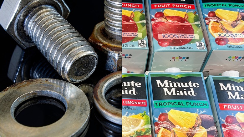 on the left bolts and washers; on the right cartons of Minute Maid punches