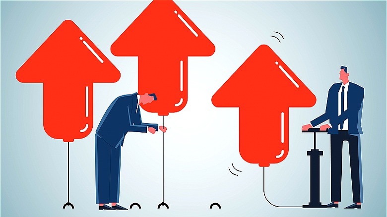Cartoon person inflating asset prices