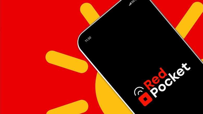 Red pocket mobile logo on a cell phone with a red background