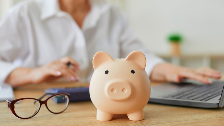 Piggy bank, person on computer
