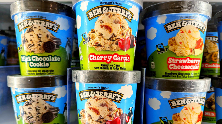 Cartons of Ben & Jerry's ice cream in freezer