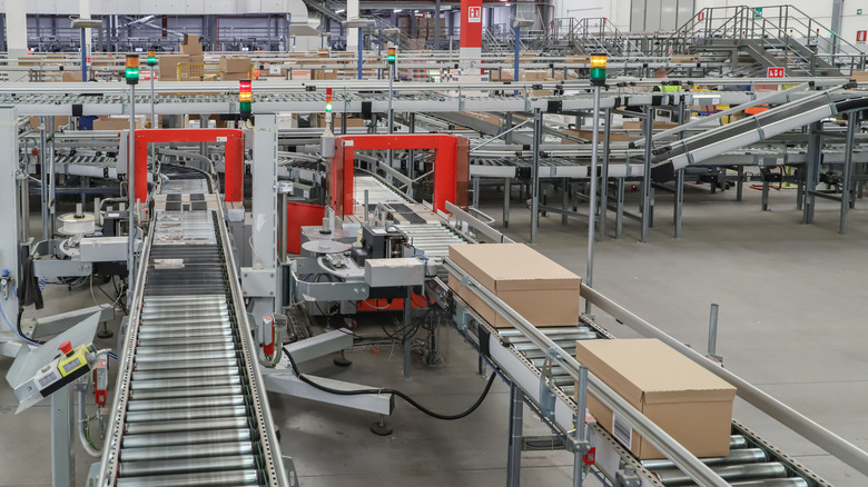 A packing line in a distribution warehouse