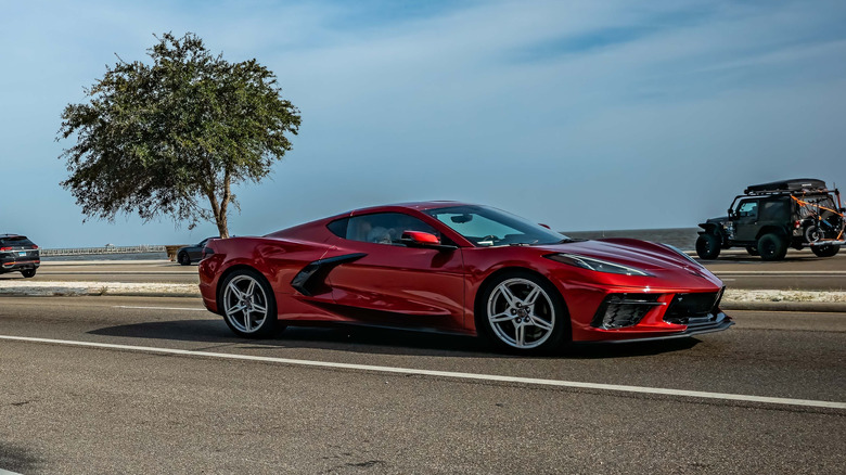 Red 2021 Chevy Corvette on the road