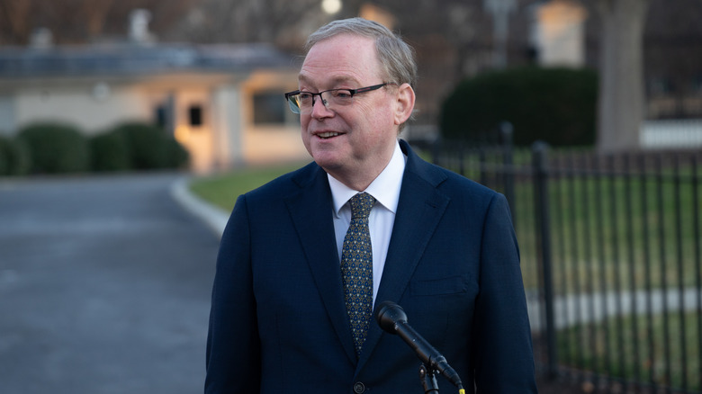 National Economic Council director Kevin Hassett gesturing as he speaks outdoors
