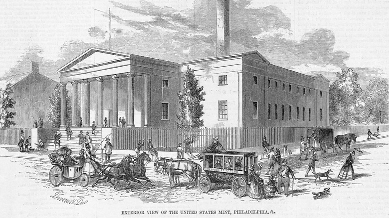 An etched illustration of the first U.S. Mint in Philadelphia, complete with carriages in the street and people filing up and down the Mint steps.