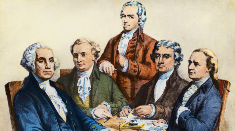 A colorized etching illustration of George Washington and his Cabinet, including Thomas Jefferson, against a cream background.