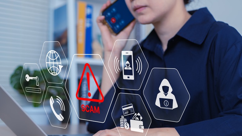 Lady on her smartphone with fraud icons in front of her
