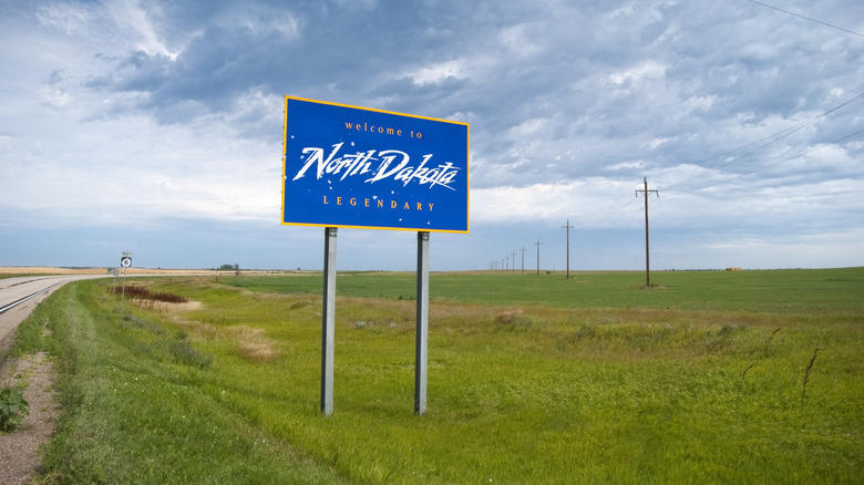 A Welcome to North Dakota sign near the state's border with South Dakota.