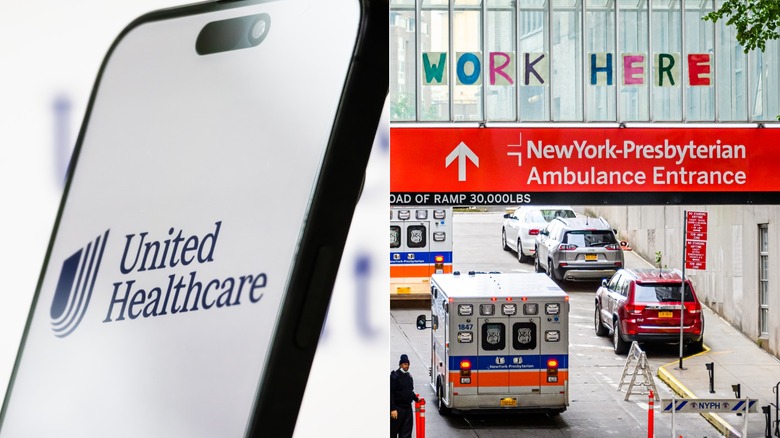 A side-by-side split image of the UnitedHealthcare logo on a cell phone next to the ambulance entrance for NewYork-Presbyterian