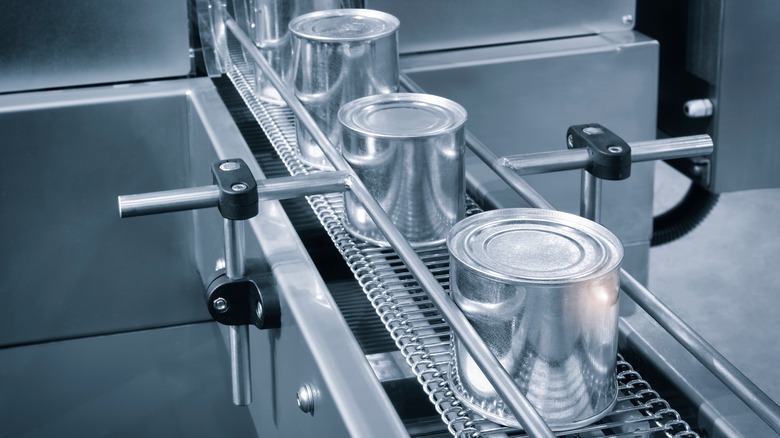 unlabeled cans on a conveyor belt