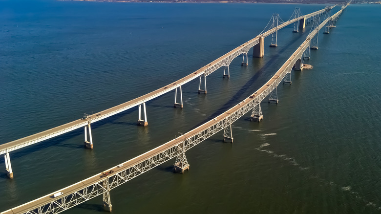 The Chesapeake Bay Bridge from the air, south of the bridge.