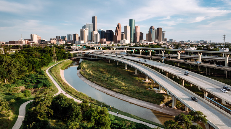 Drone point of view of downtown Houston, Texas.