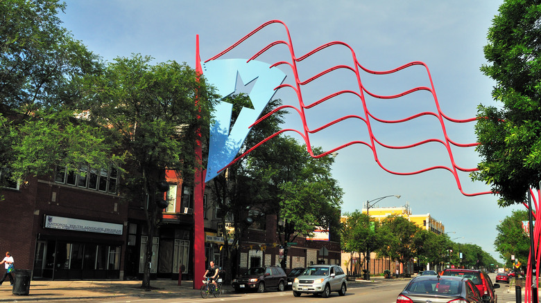 Street view Humboldt Park, Chcicago and Puerto Rican flag monument.