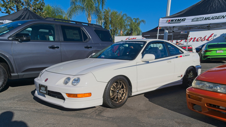 A white Acura Integra on display in California in late 2025.