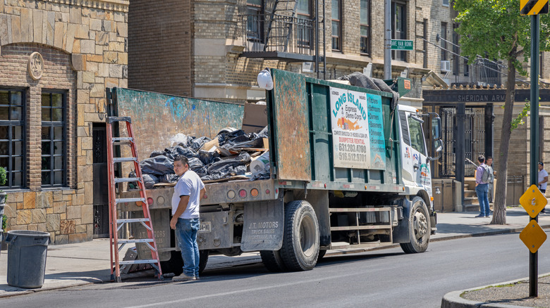 A dump truck being unloaded in New York City