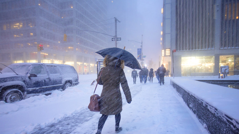 Woman walking in snowstorm with umbrella