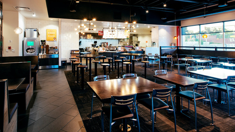 An empty Noodles & Company dining room
