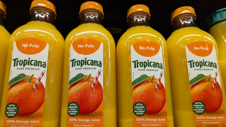 Row of new smaller Tropicana orange juice containers
