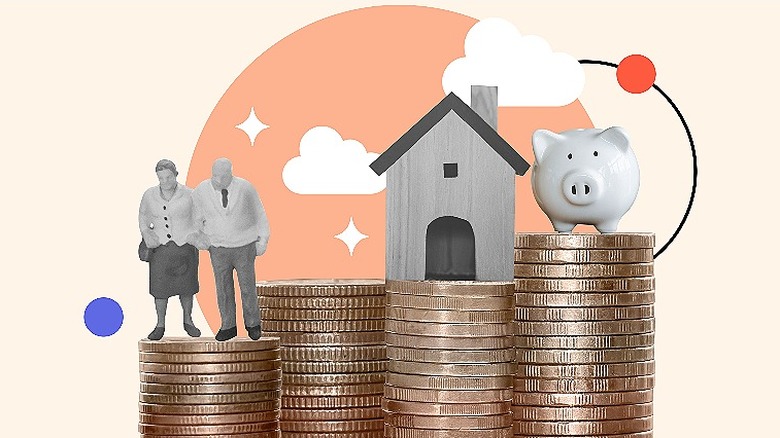 Four stacks of coins, one with an elderly man and woman standing on it, one with nothing on top of it, one with an image of a house sitting on it, and one with a piggy bank on it
