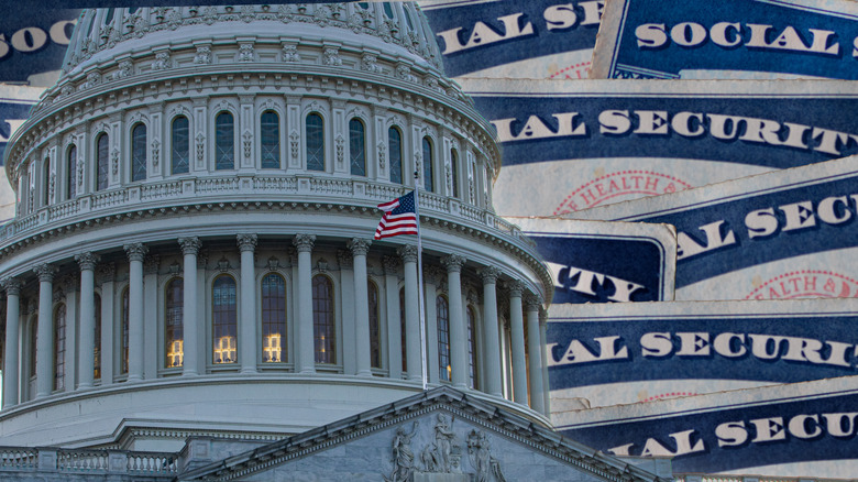 The U.S. Capitol building with Social Security cards in the background