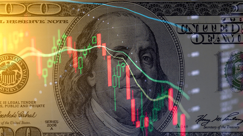 $100 bill in the background of a declining financial chart