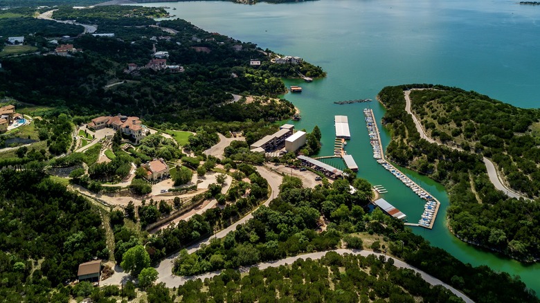Aerial view of Lake Travis located near Steiner Ranch, Texas.