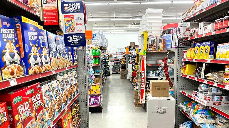 The breakfast and home aisles inside a Family Dollar
