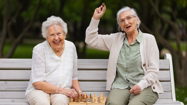 Elderly best friends playing chess in public park