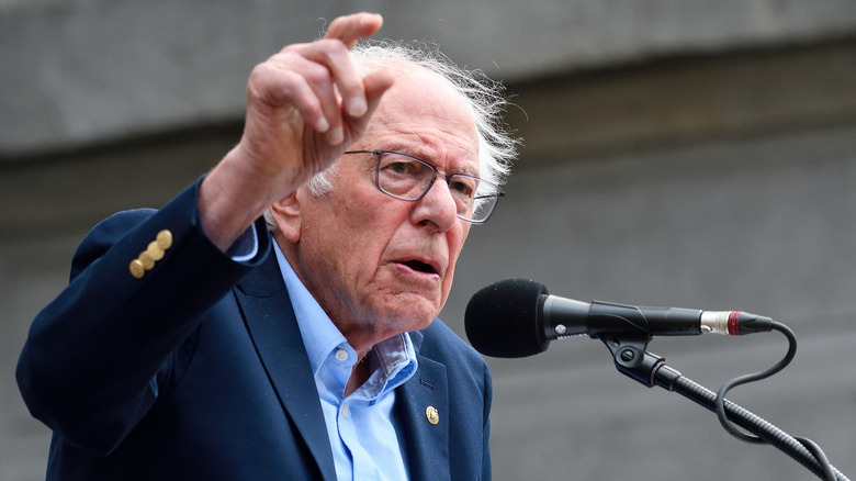 Senator Bernie Sanders speaking at press conference.