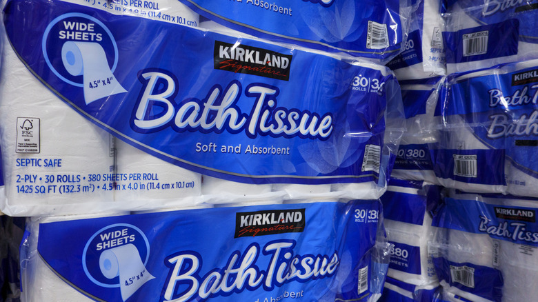 Stacks of Kirkland brand toilet paper packs